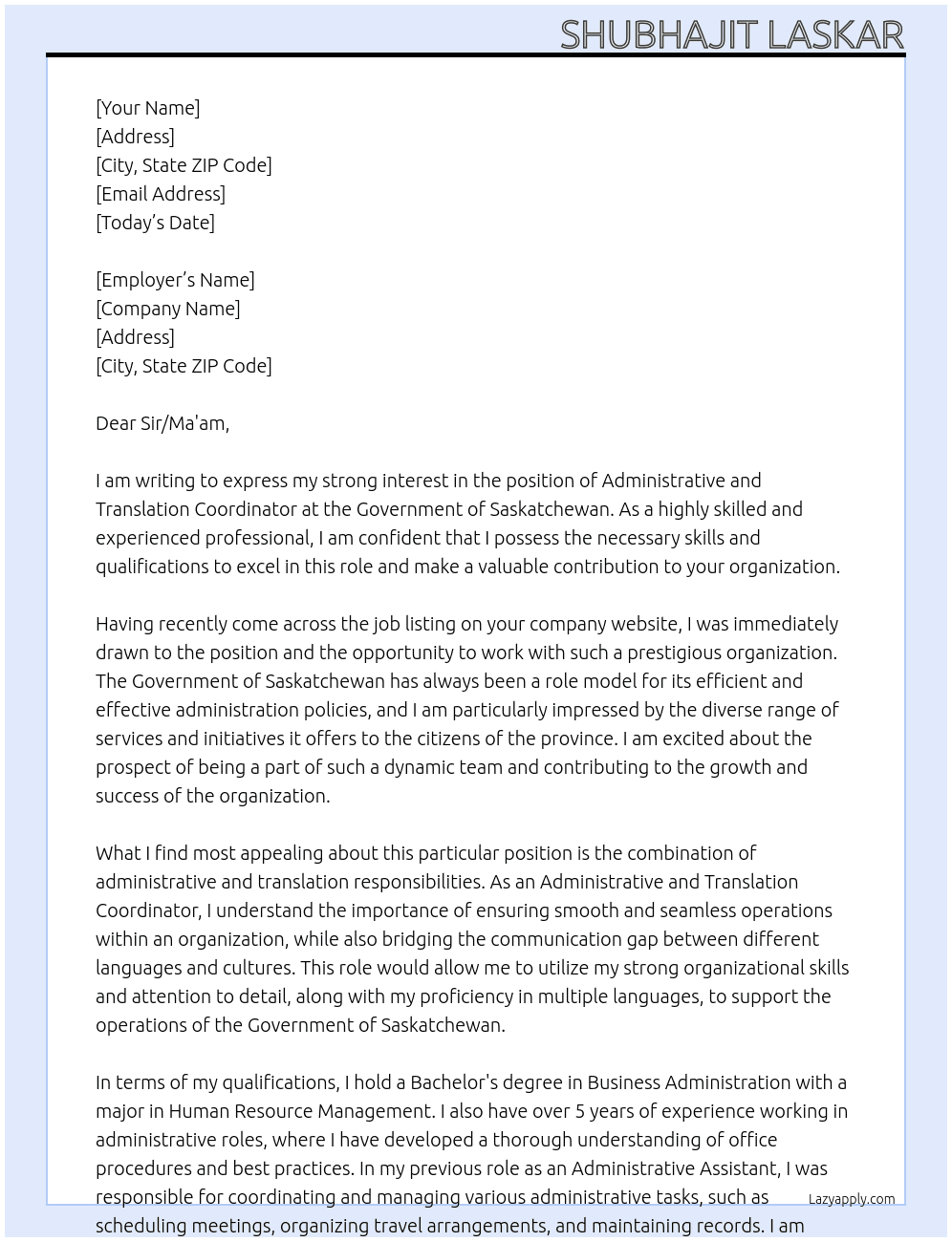Administrative and Translation Coordinator At Governmet of Saskatchewan Cover Letter