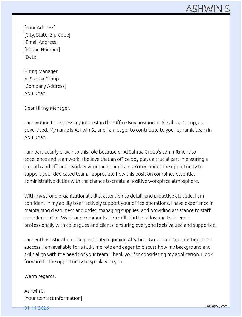 Cover letter for office boy - LazyApply
