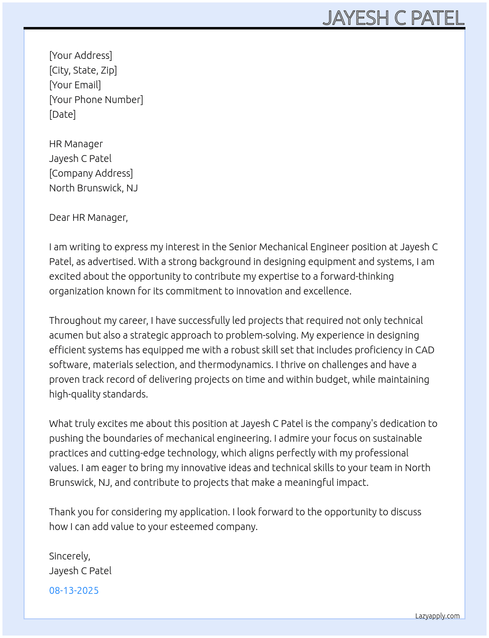 Mechanical Engineer At Jayesh C Patel Cover Letter