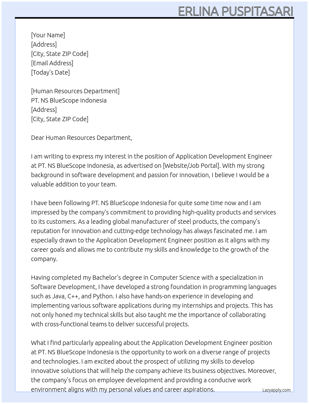 Application Development Engineer At PT. NS BlueScope Indonesia Cover Letter
