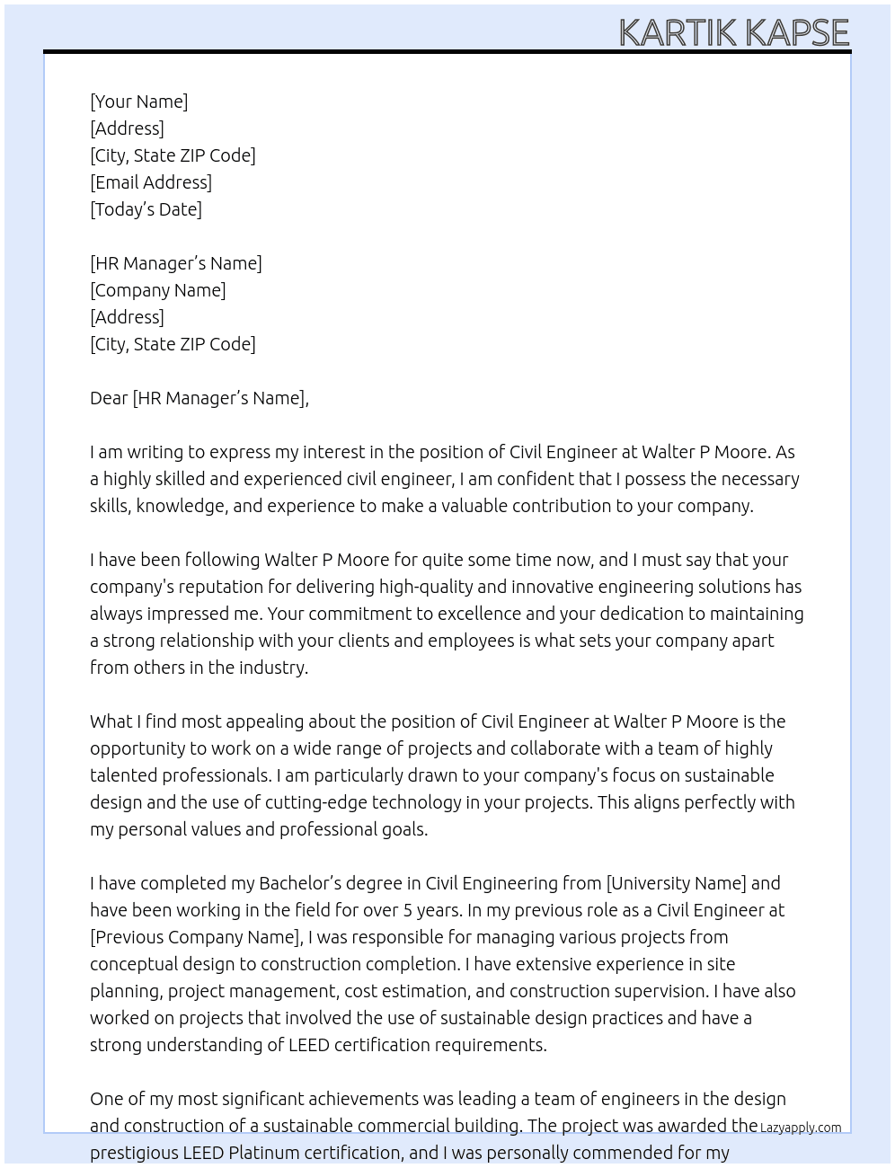 CIVIL ENGINEER At Walter p Moore Cover Letter