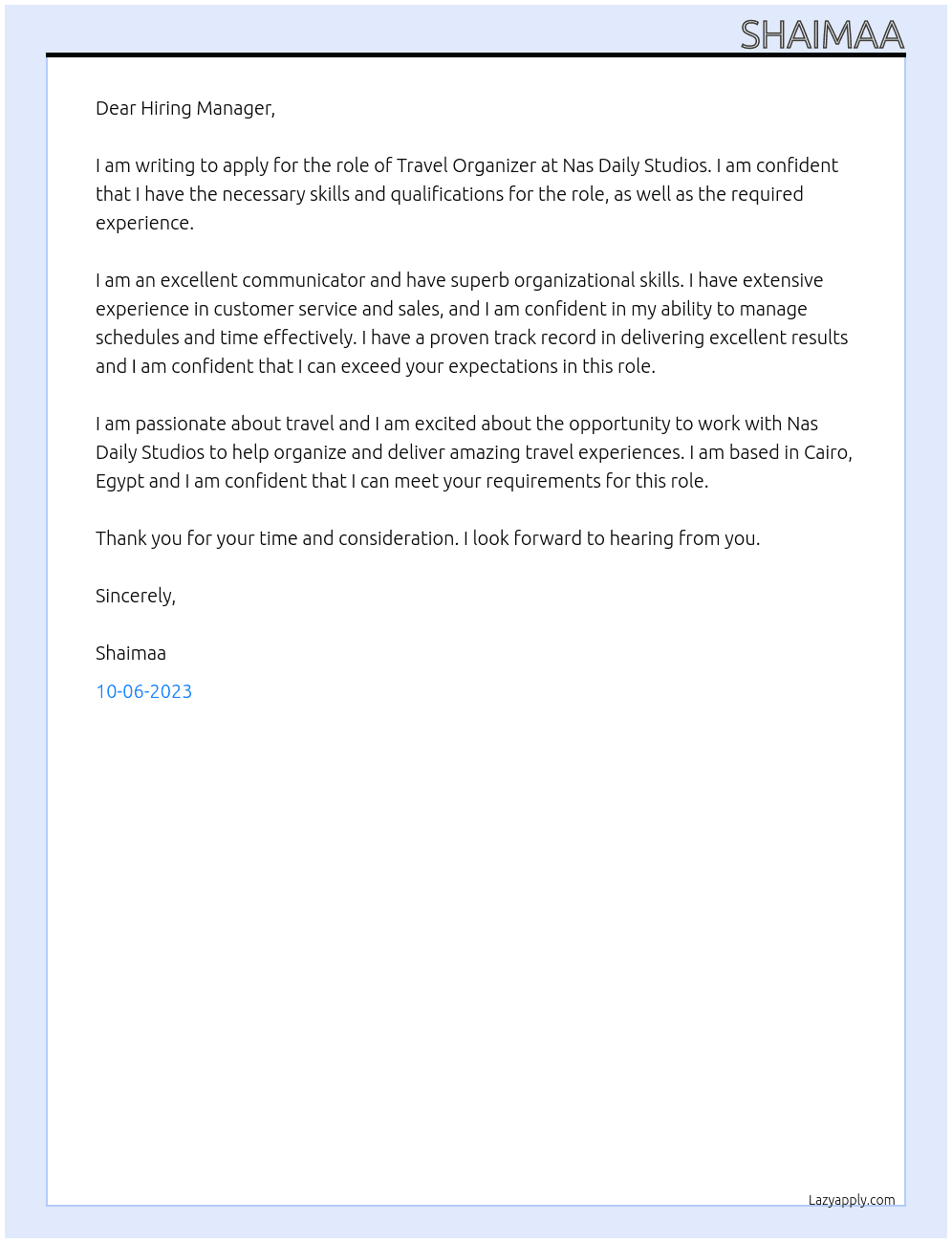 Travel Organizer At Nas Daily Studios Cover Letter