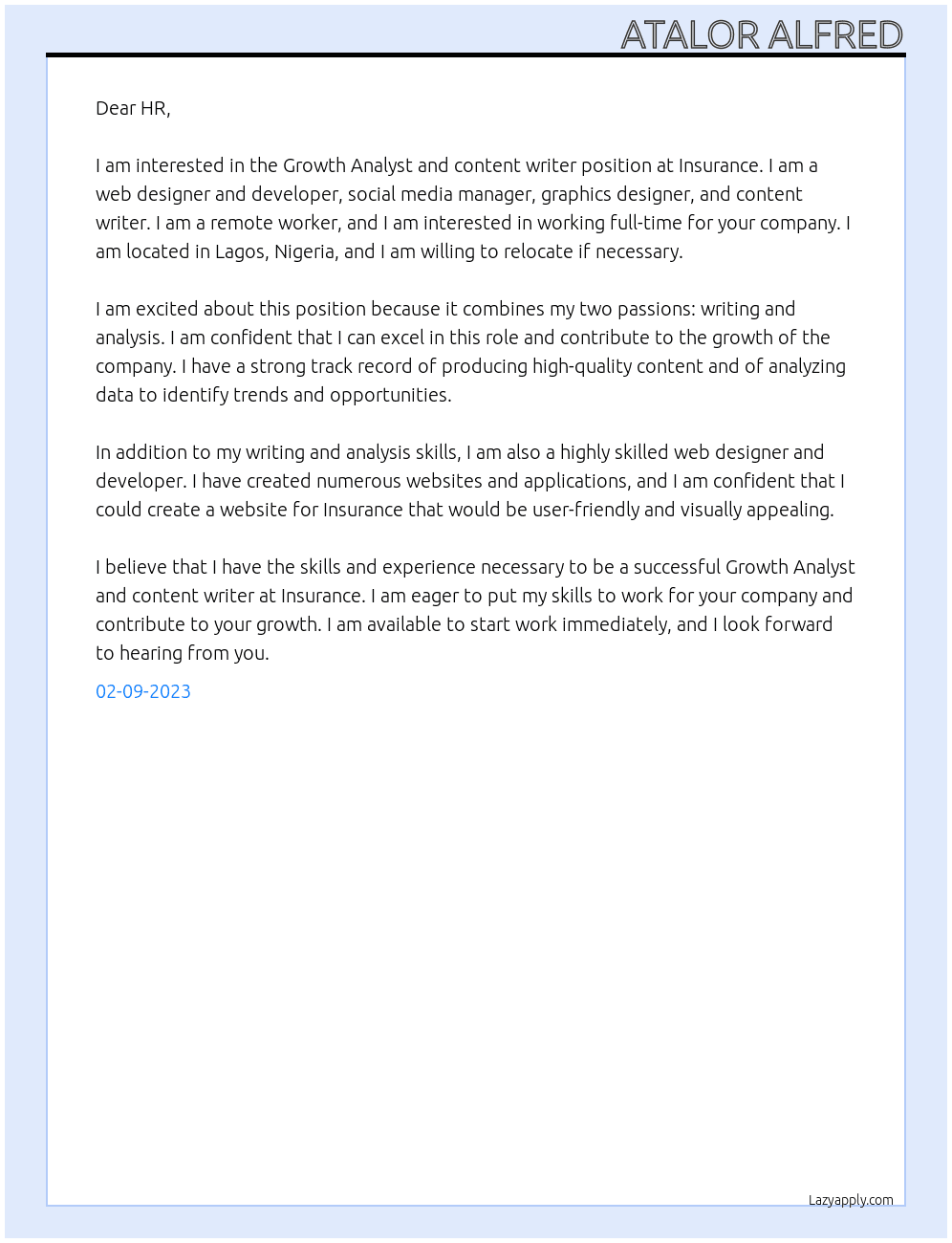 Growth Analyst and content writer  At Insurance  Cover Letter