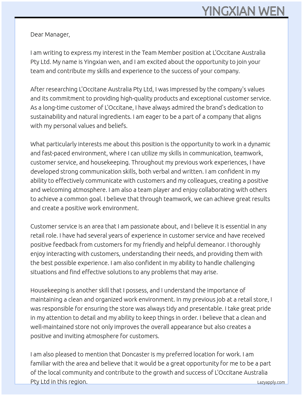 team member  At L'Occitane Australia Pty Ltd Cover Letter