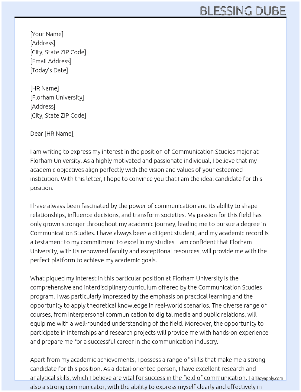 Academic objectives in studying Communication  At Florham University  Cover Letter