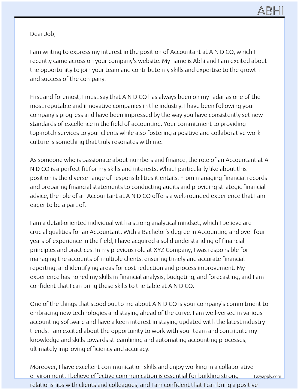 ACCOUNTANT  At A N D  CO Cover Letter