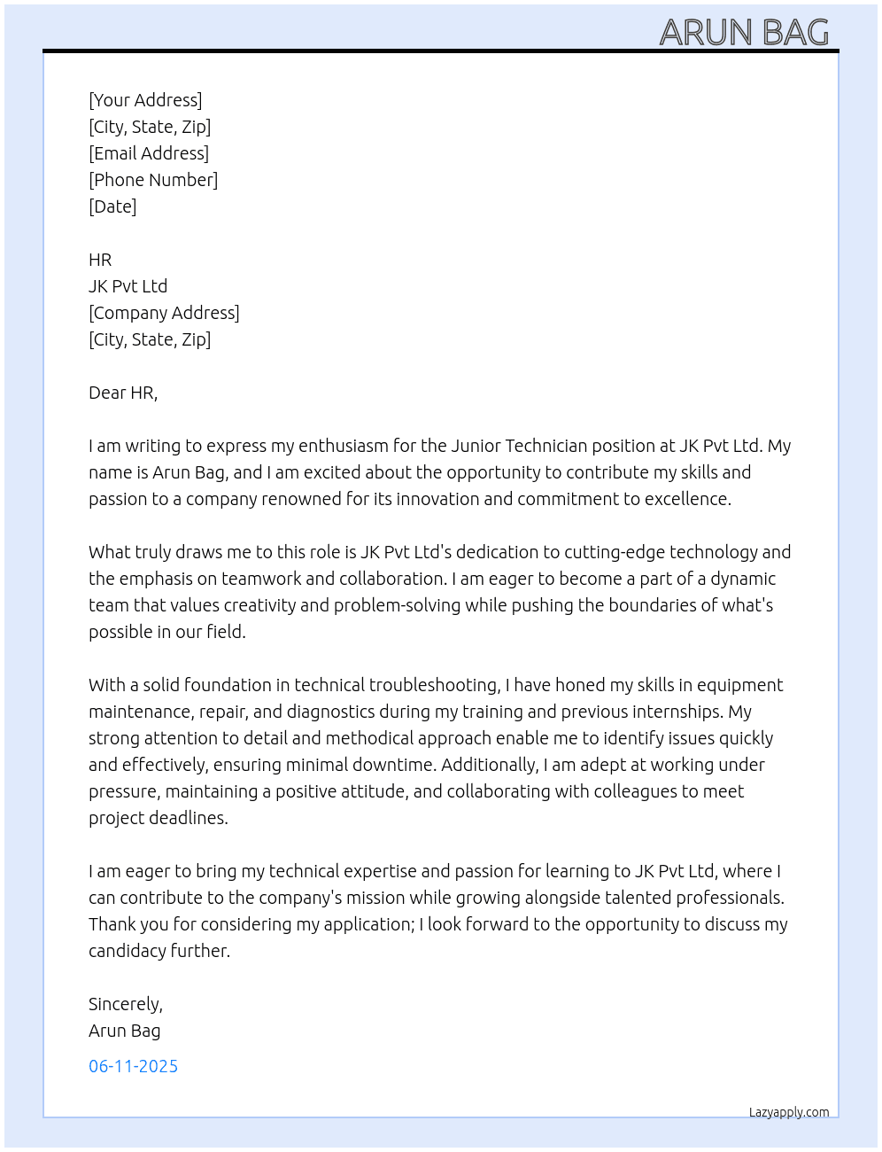 Junior technician  At Jk pvt Ltd  Cover Letter