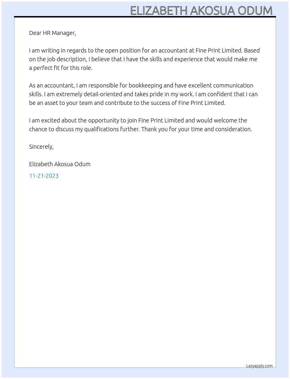 Accountant  At Fine Print Limited  Cover Letter