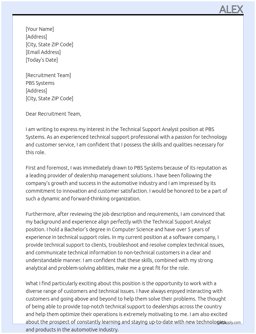 Technical Support Analyst At pbs systems Cover Letter