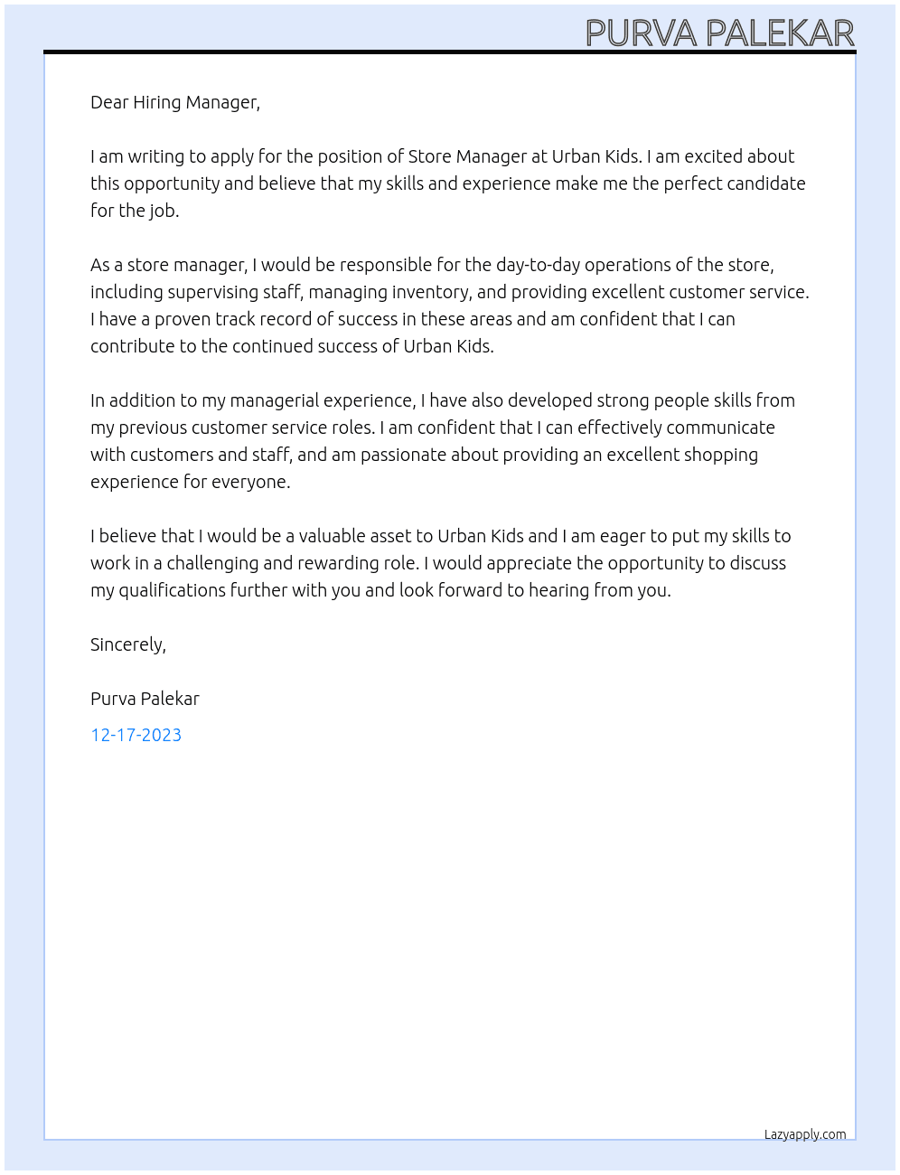Store manager At Urban kids Cover Letter