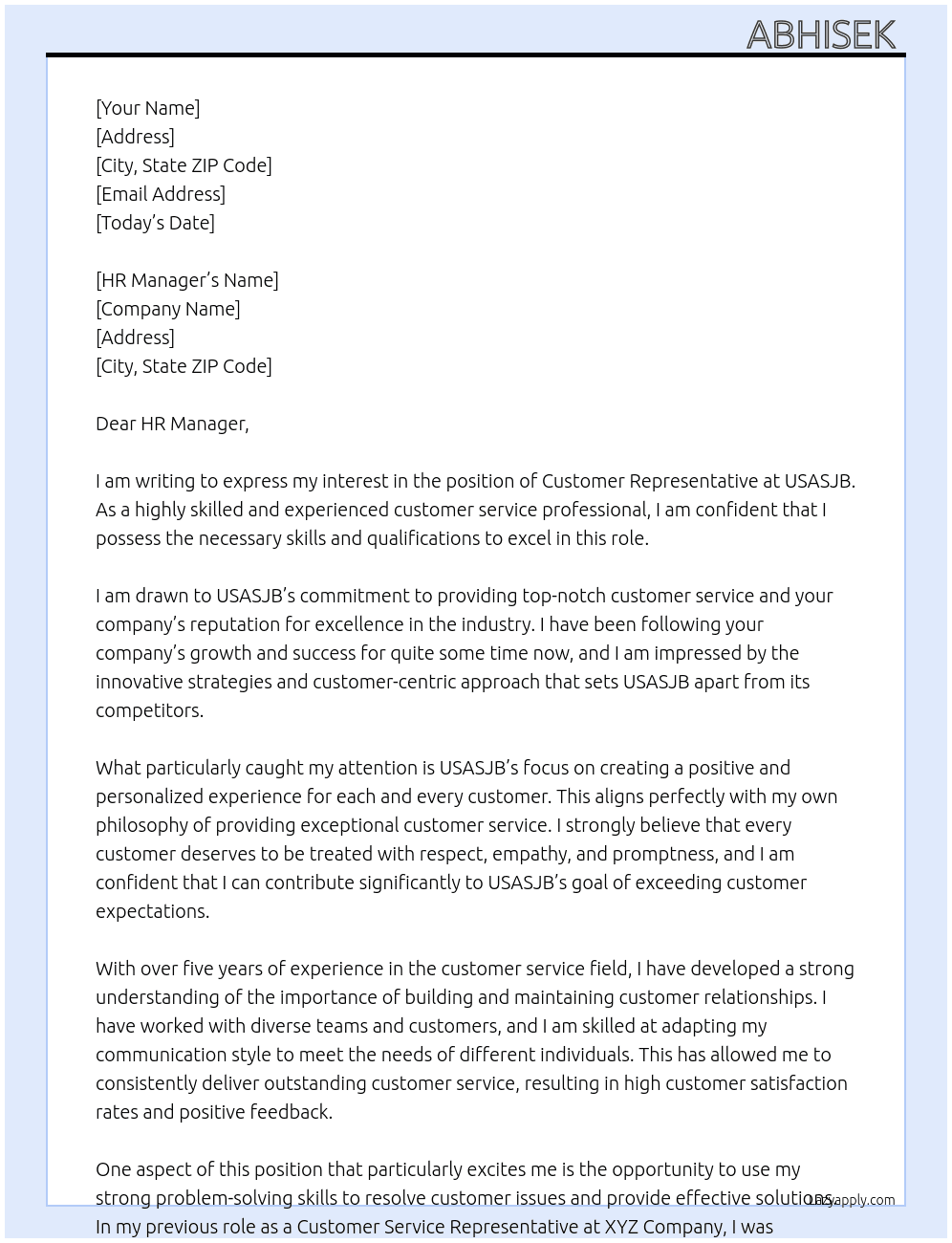Customer representative  At USASJB Cover Letter