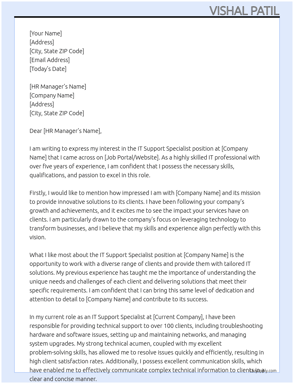 IT support Specialist At Freelancing Cover Letter