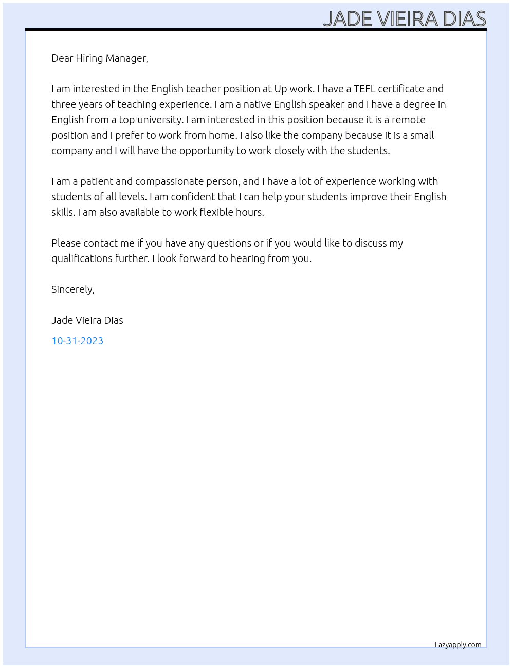 English teacher At Up work native english teacher Cover Letter