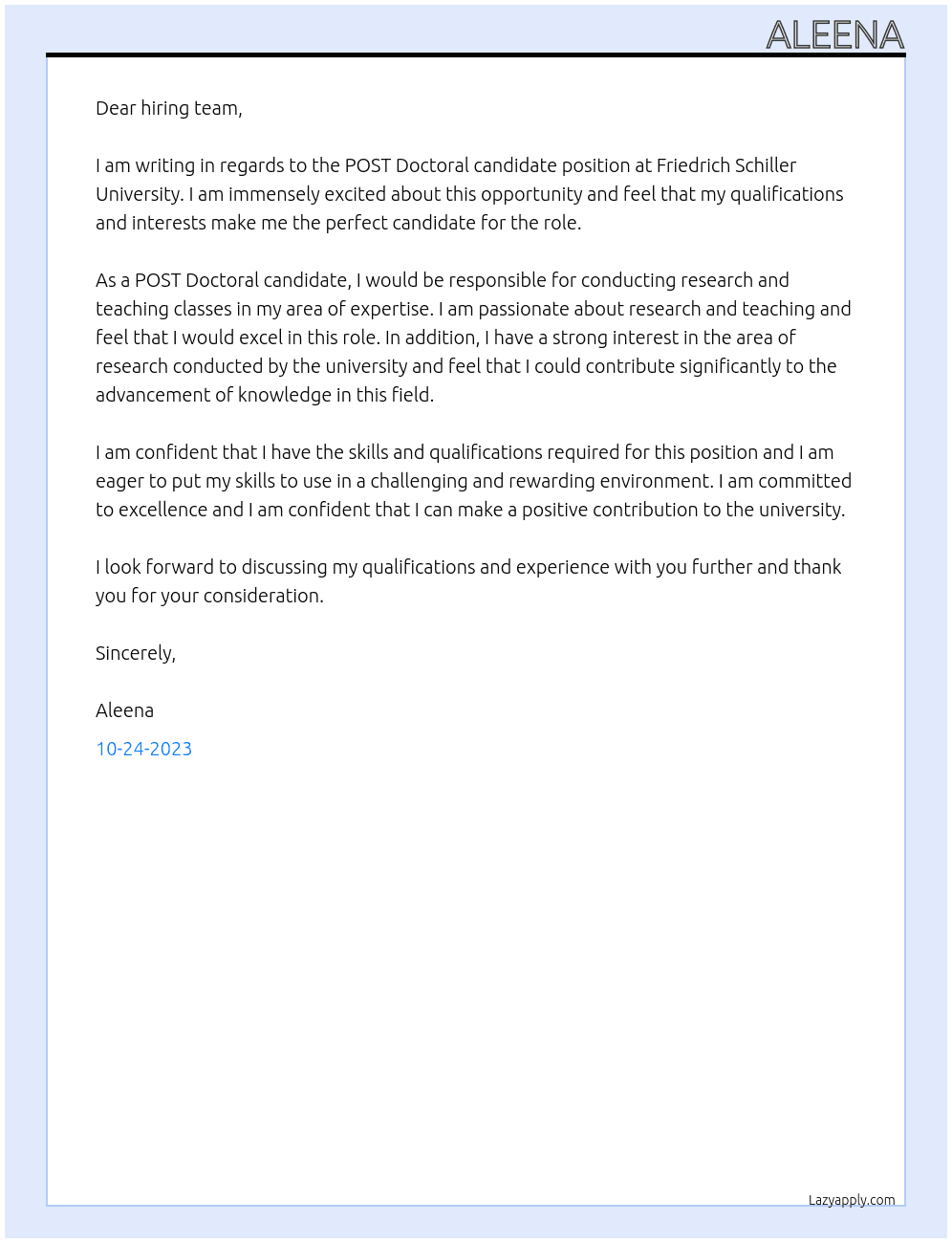 POST Doctoral candidate At Friedrich Schiller University  Cover Letter