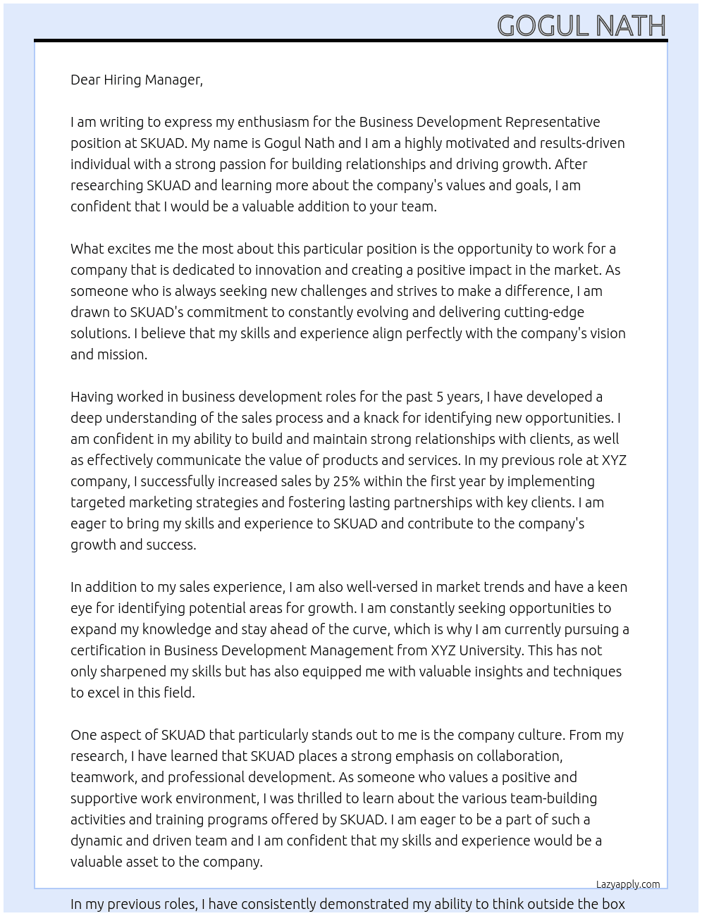 Buisness Development representative At SKUAD Cover Letter