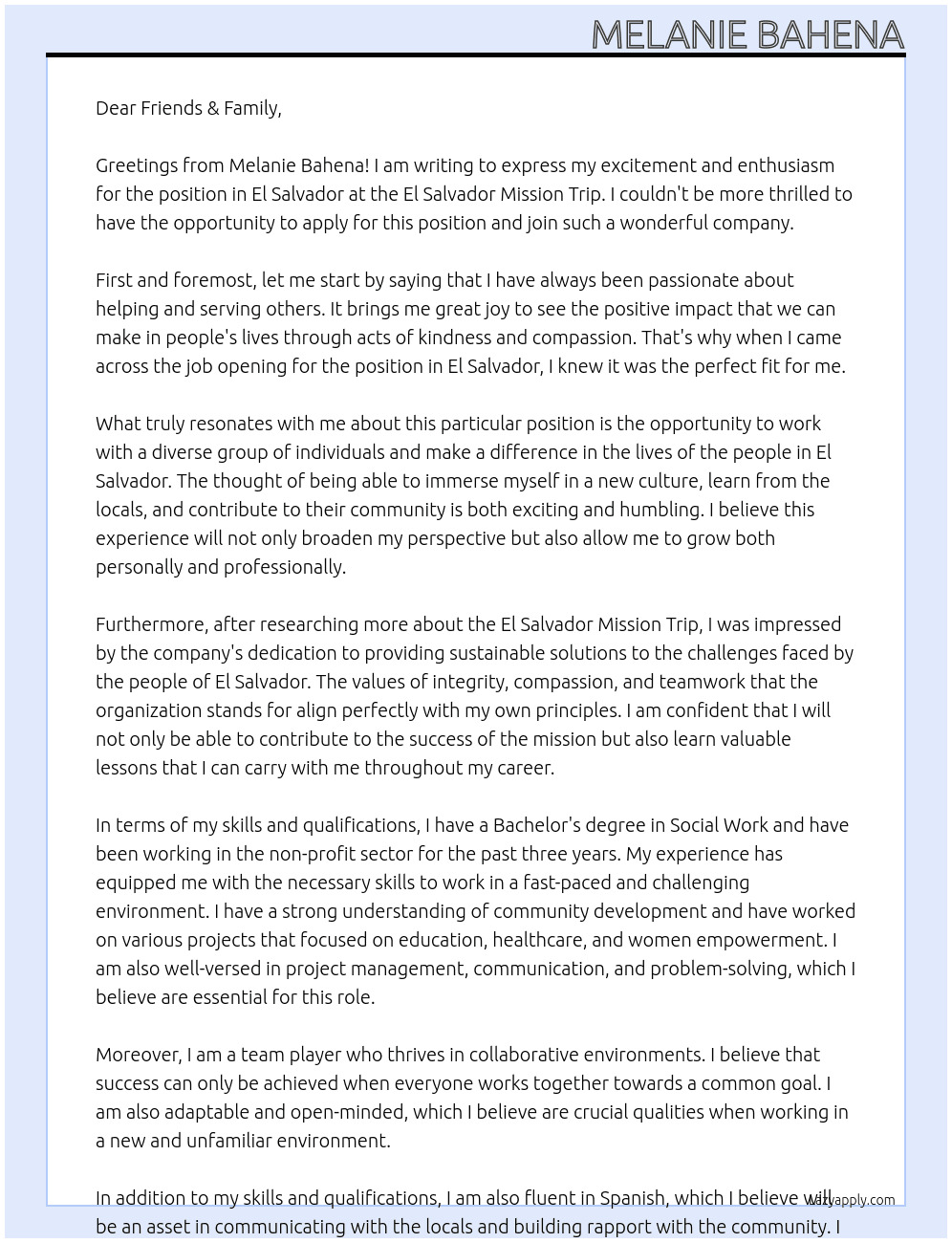 El Salvador  At El Salvador Mission trip  Cover Letter