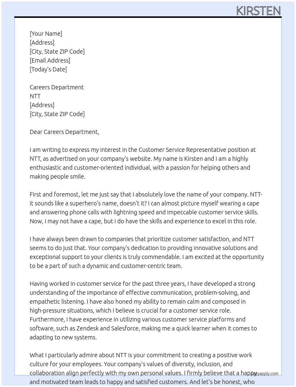 Customer Service Representative  At NTT Cover Letter