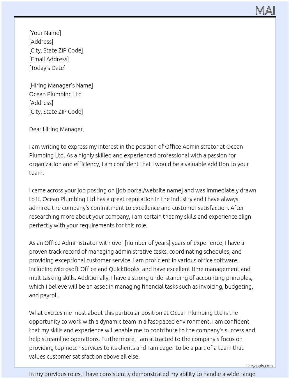 office administrator At Ocean Plumbing ltd Cover Letter