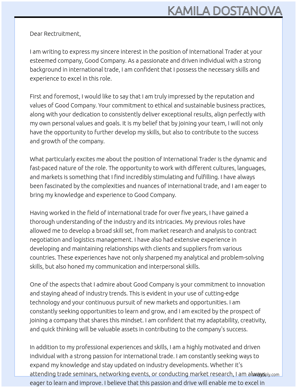 International Trader At Good company Cover Letter