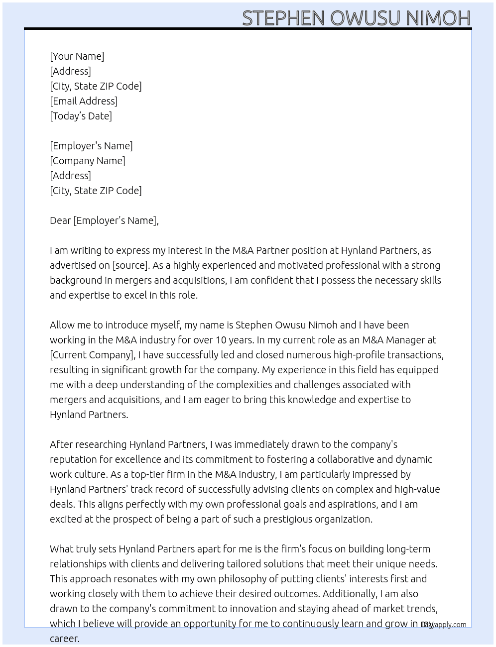 M&A Partner At Hynland Partners Cover Letter