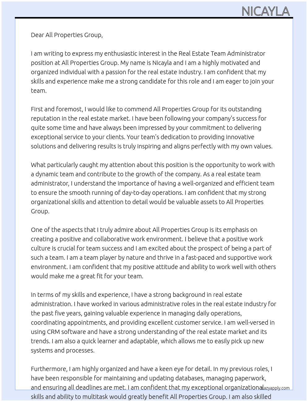 Real estate team administrator  At All properties group Cover Letter
