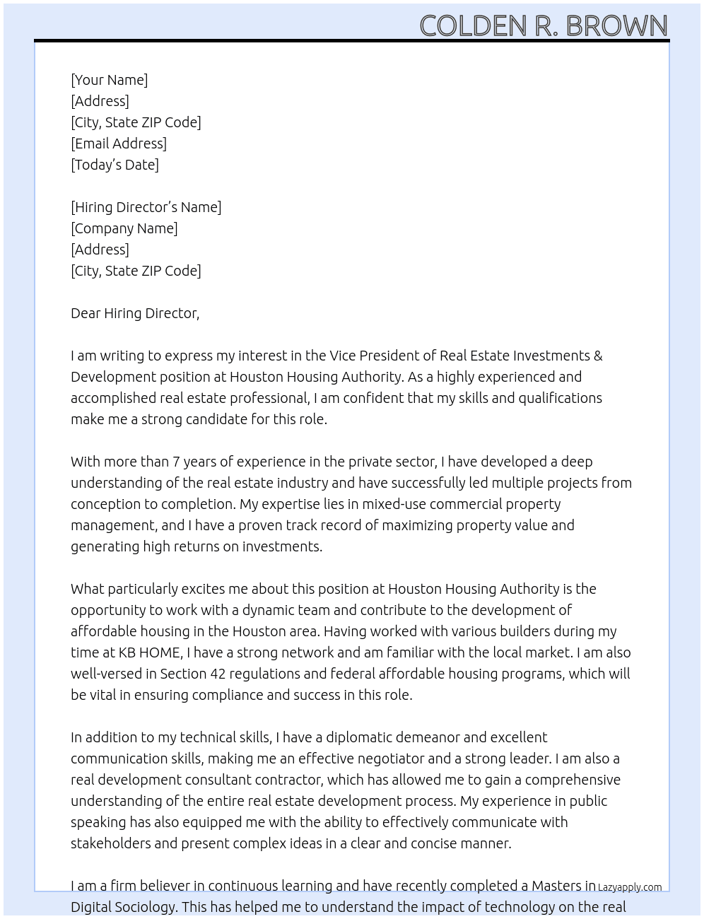Vice President of Real Estate Investments & Development At Houston Housing Authority Cover Letter