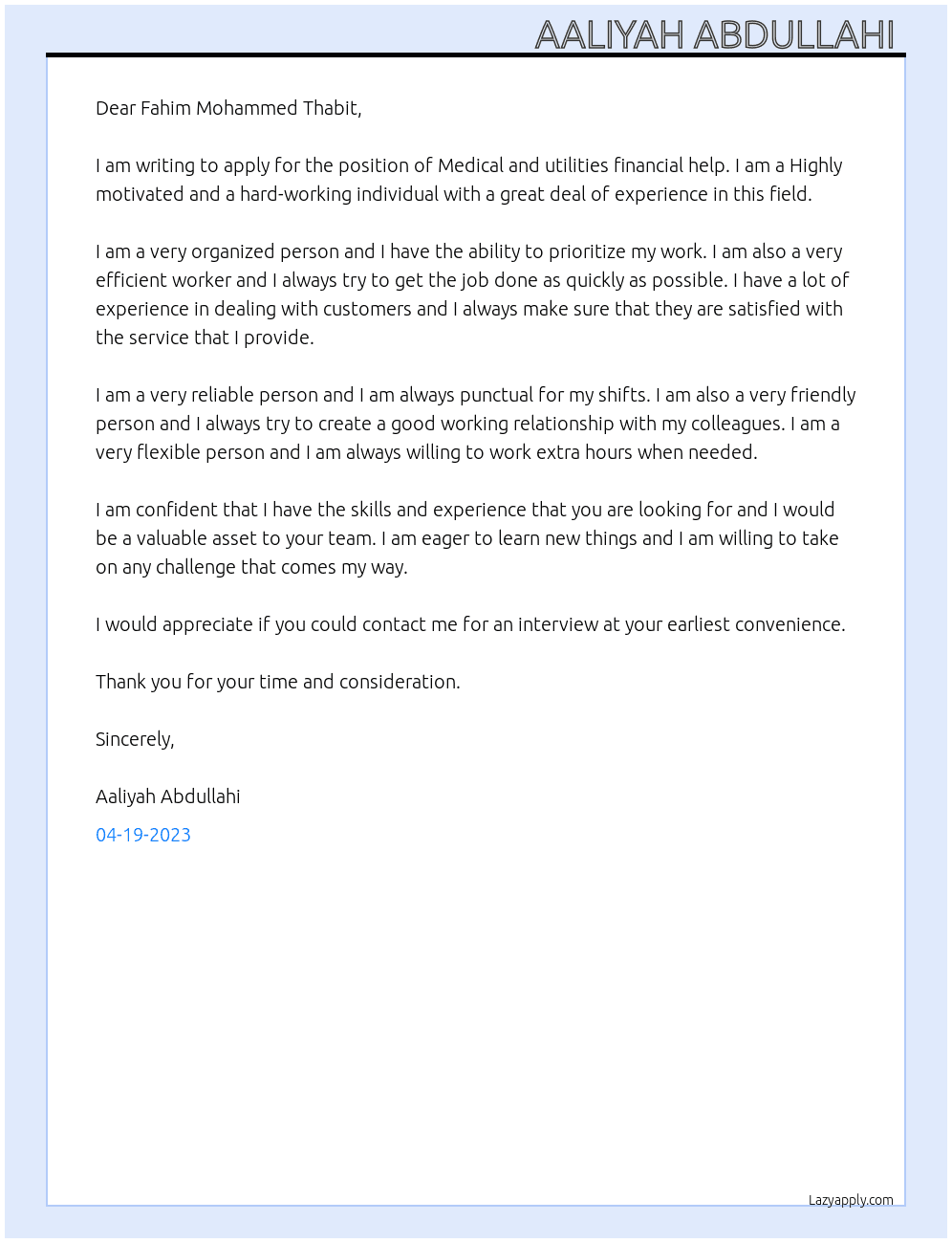 Appealing for Medical and utilities financial help At FAHIM MOHAMMED THAABIT  Cover Letter