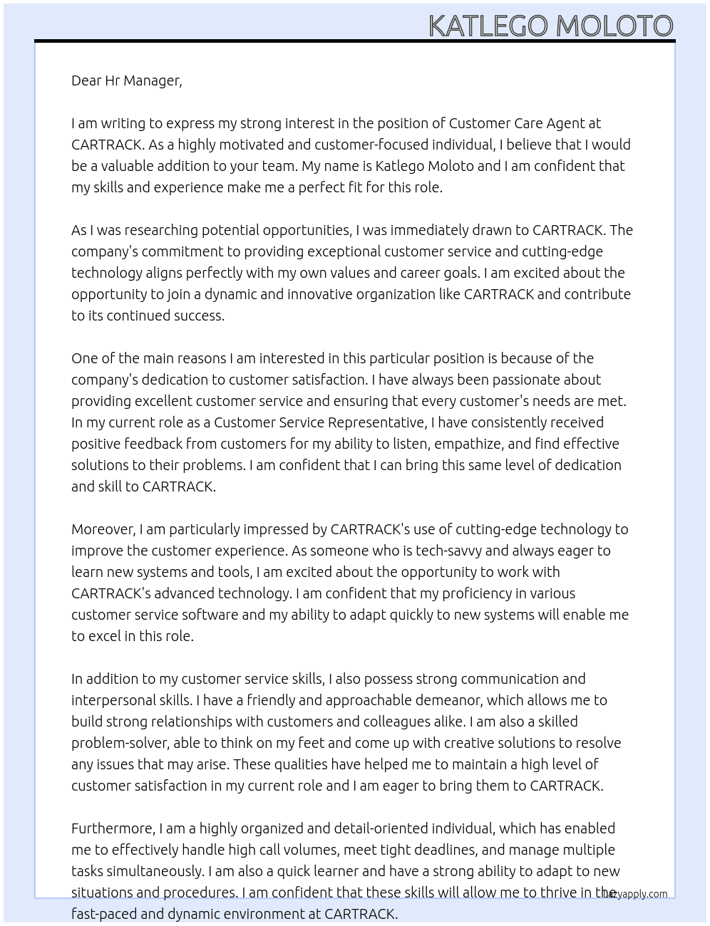 Customer care agent At CARTRACK  Cover Letter