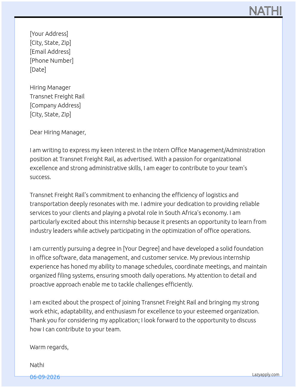 Cover letter for intern office management/ administration - LazyApply