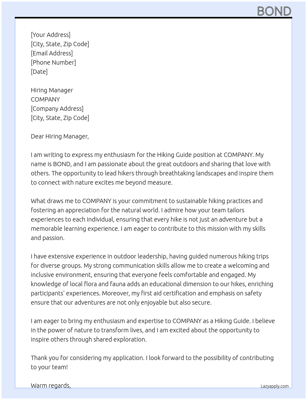 Cover letter for hiking guide - LazyApply