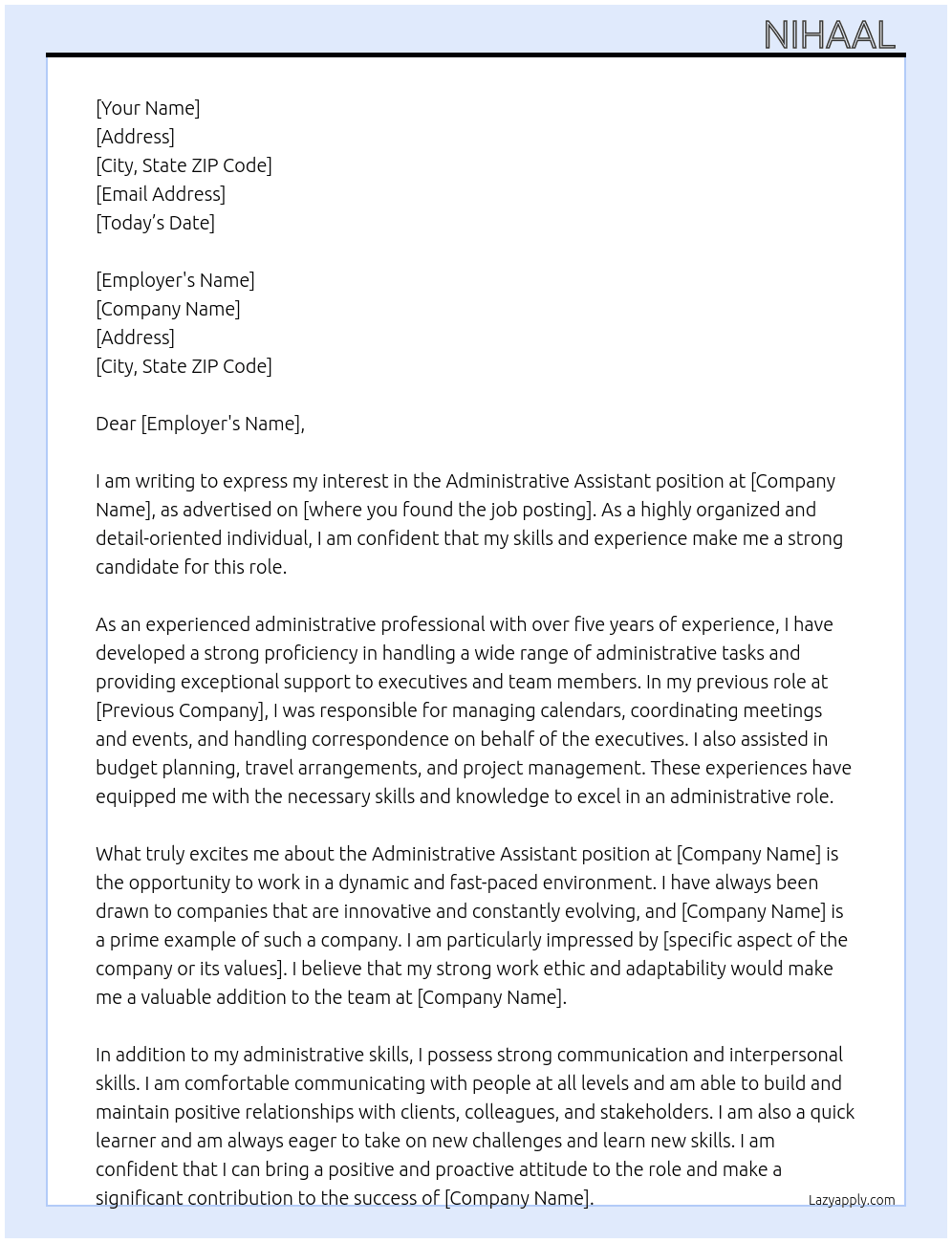 Administrative Assistant At Nihaal  Cover Letter