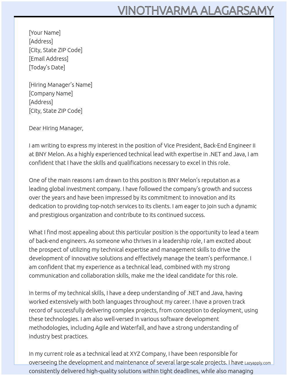 Vice President, Back-End Engineer II At BNY Melon Cover Letter