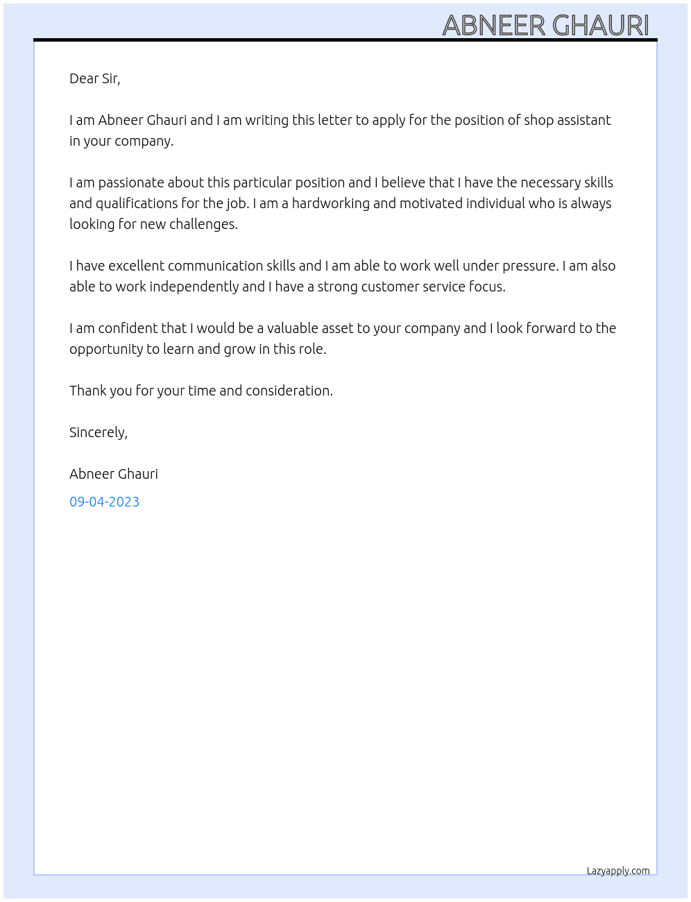 Shop assistant  At Your company  Cover Letter