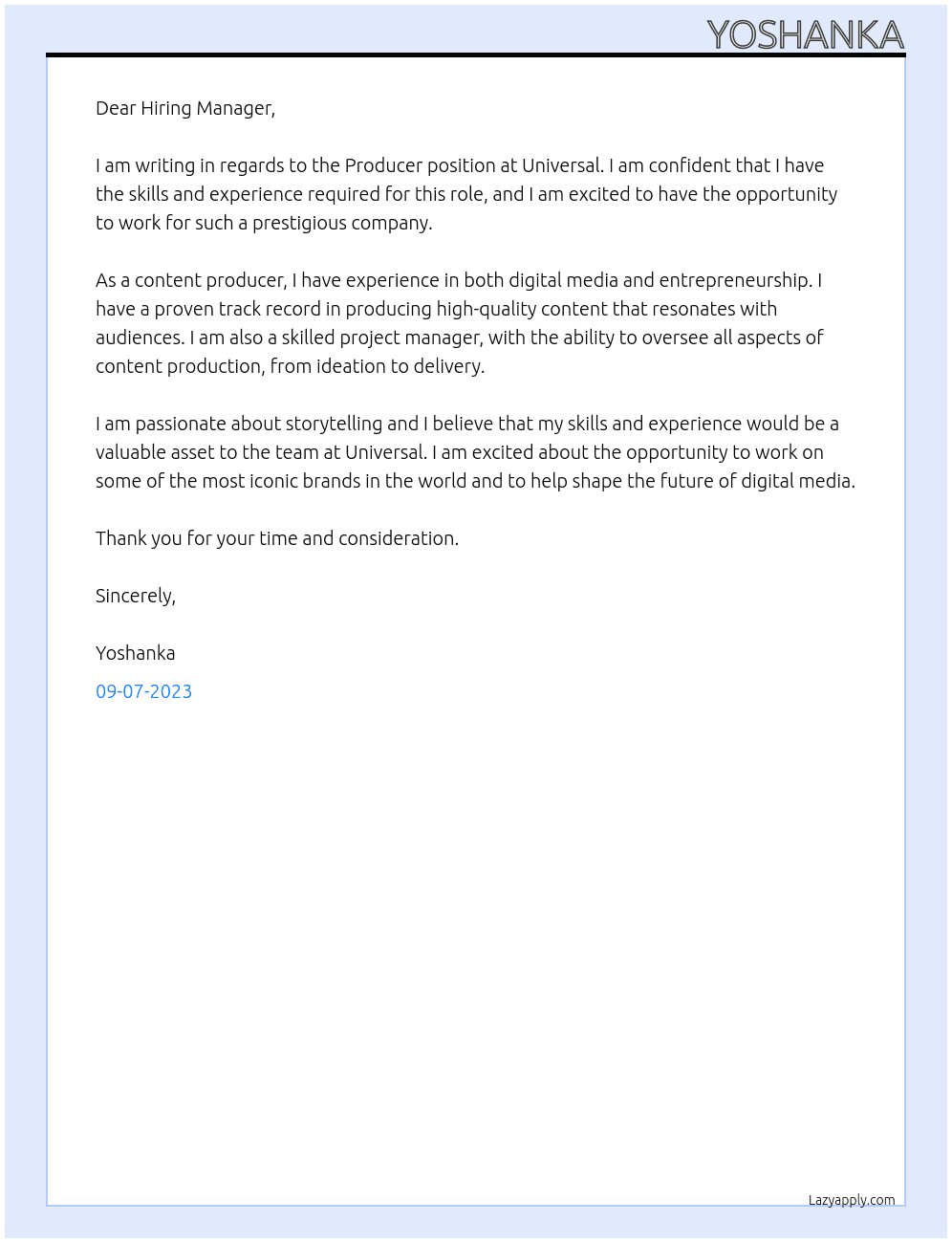 Producer At Universal Cover Letter