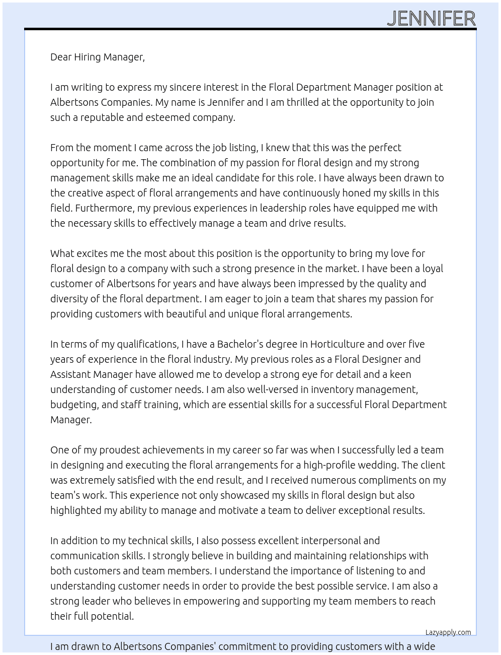 floral department manager At Albertsons Companies Cover Letter