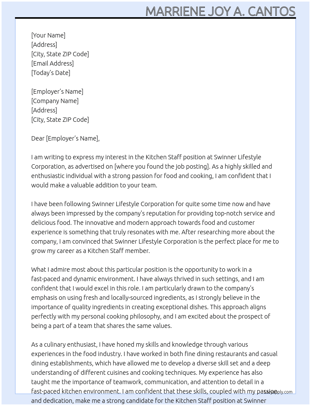 Kitchen Staff At Swinner Lifestyle Corporation Cover Letter