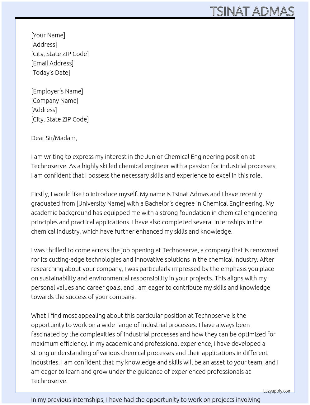 Junior chemical engineering At Technoserve Cover Letter