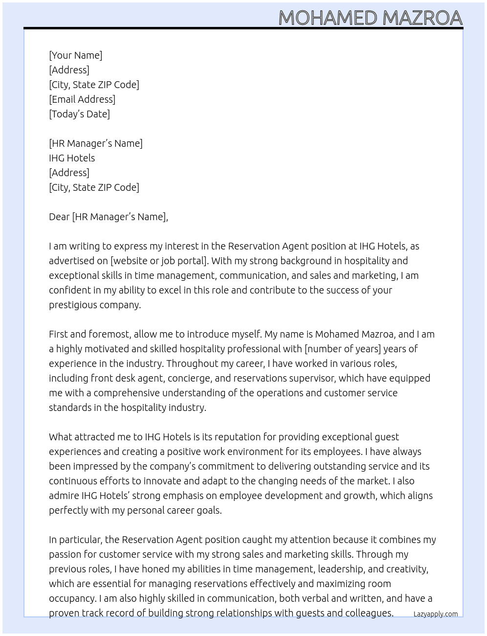  Reservation Agent At IHG HOTELS Cover Letter