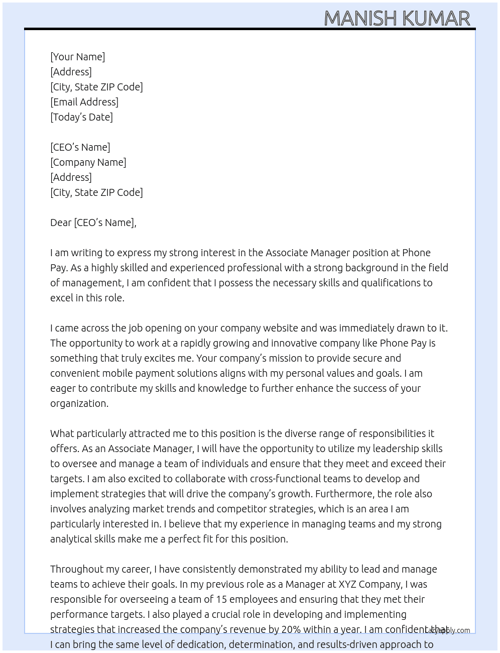 Associate manager  At Phone pay  Cover Letter