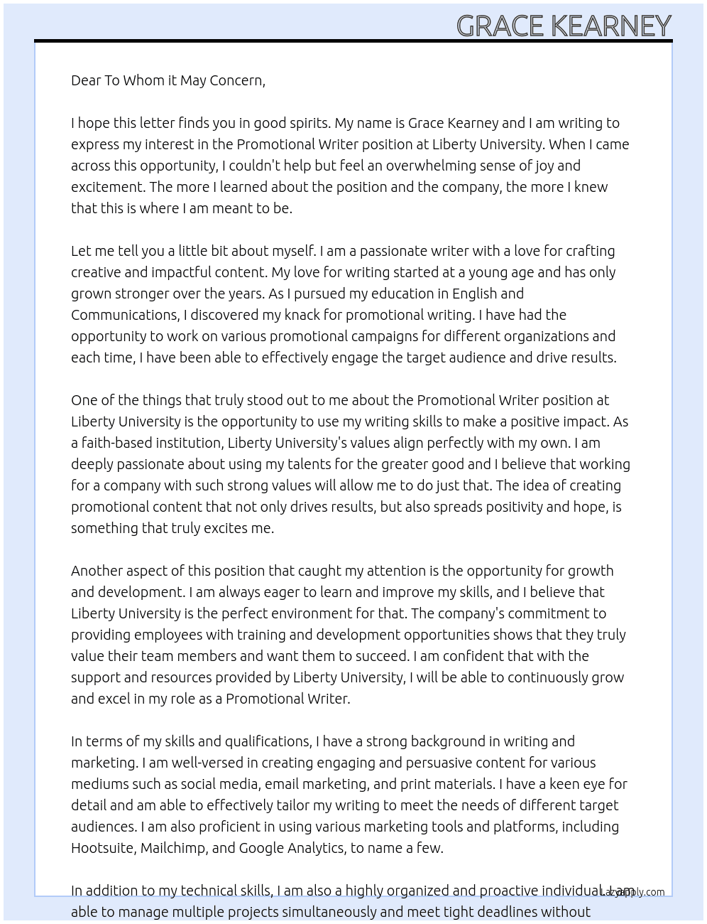 Promotional Writer At Liberty University Cover Letter