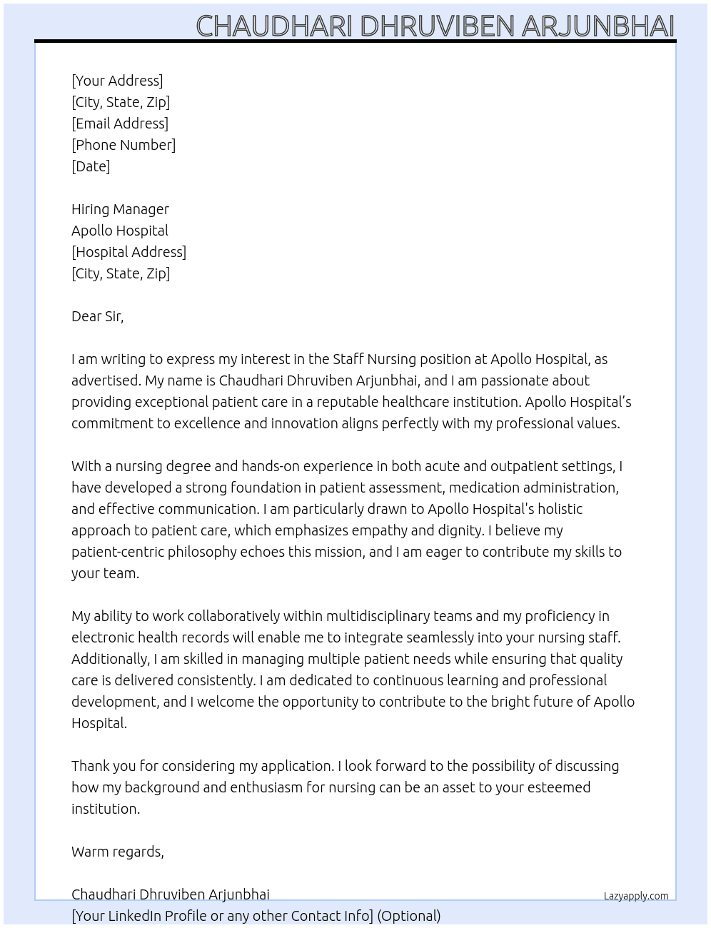 Staff nursing At Apollo hospital Cover Letter