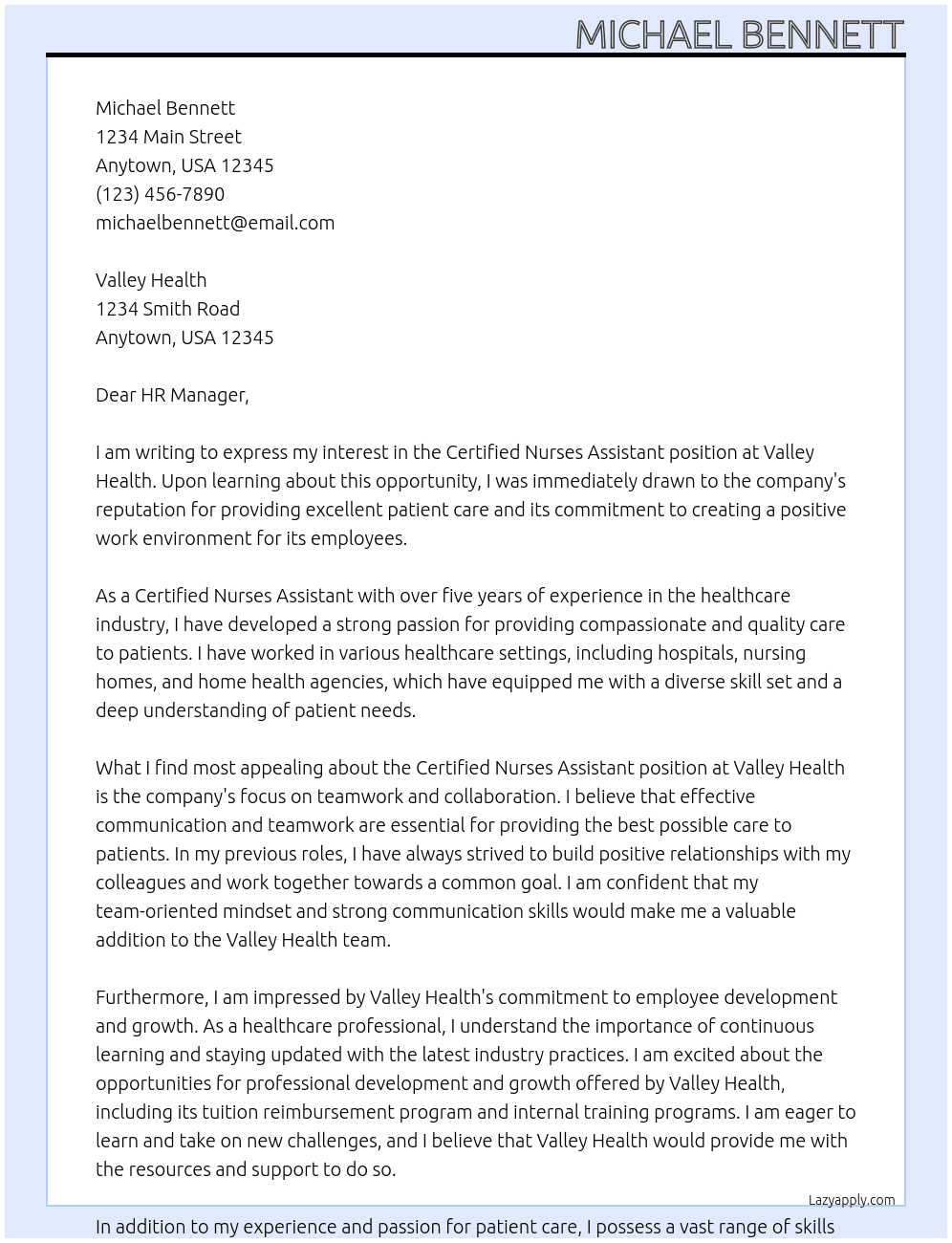 Certified Nurses Assistant  At Valley Health Cover Letter