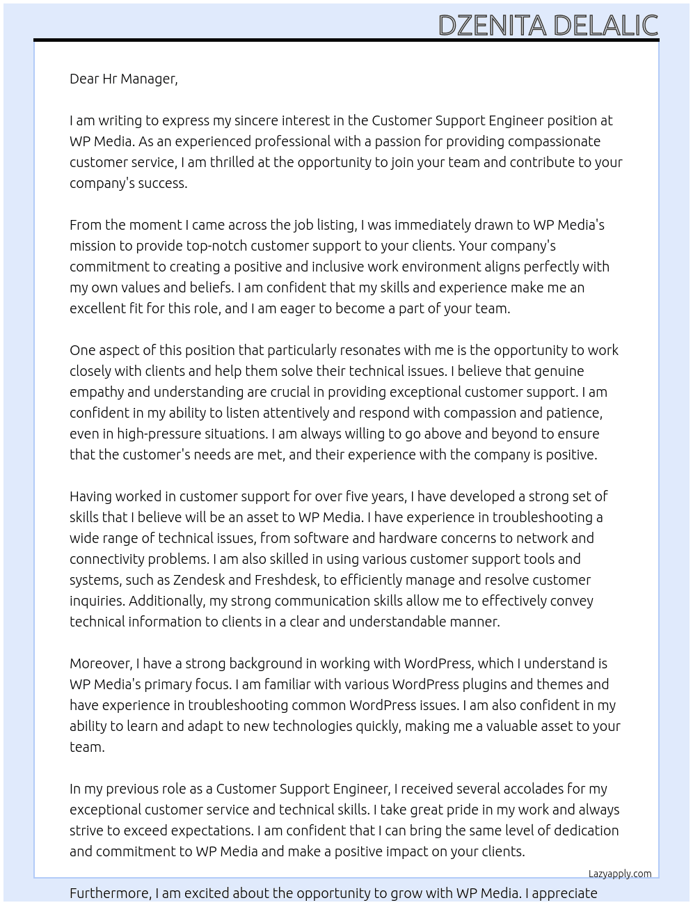 Customer Support Engineer At WP Media Cover Letter