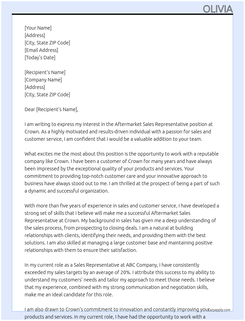 Aftermarket sales representative  At Crown Cover Letter