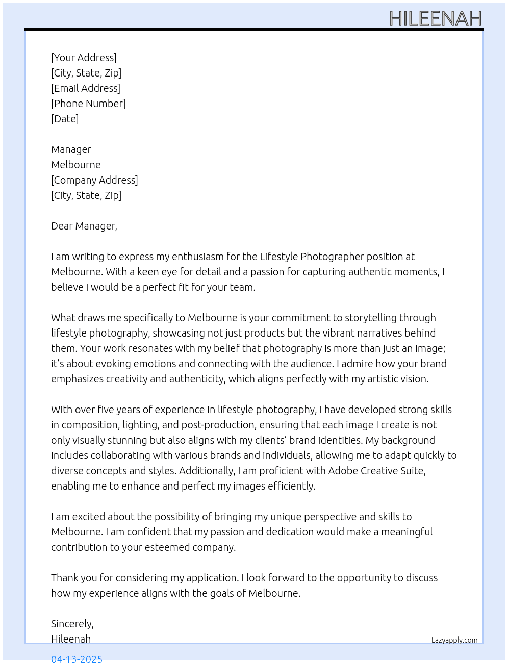 lifestyle photographer At Melbourne Cover Letter