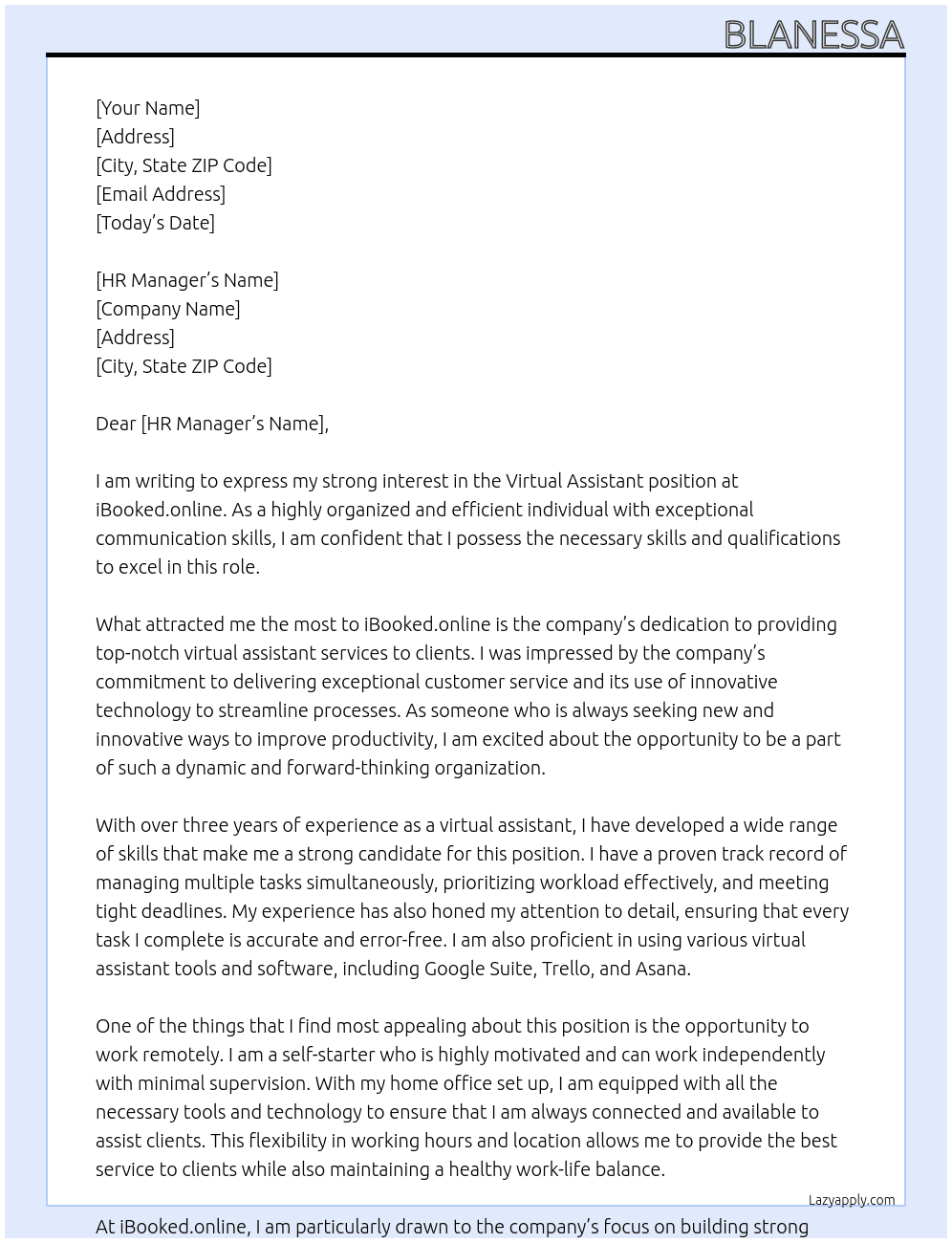 Virtual Assistant At iBooked.online Cover Letter