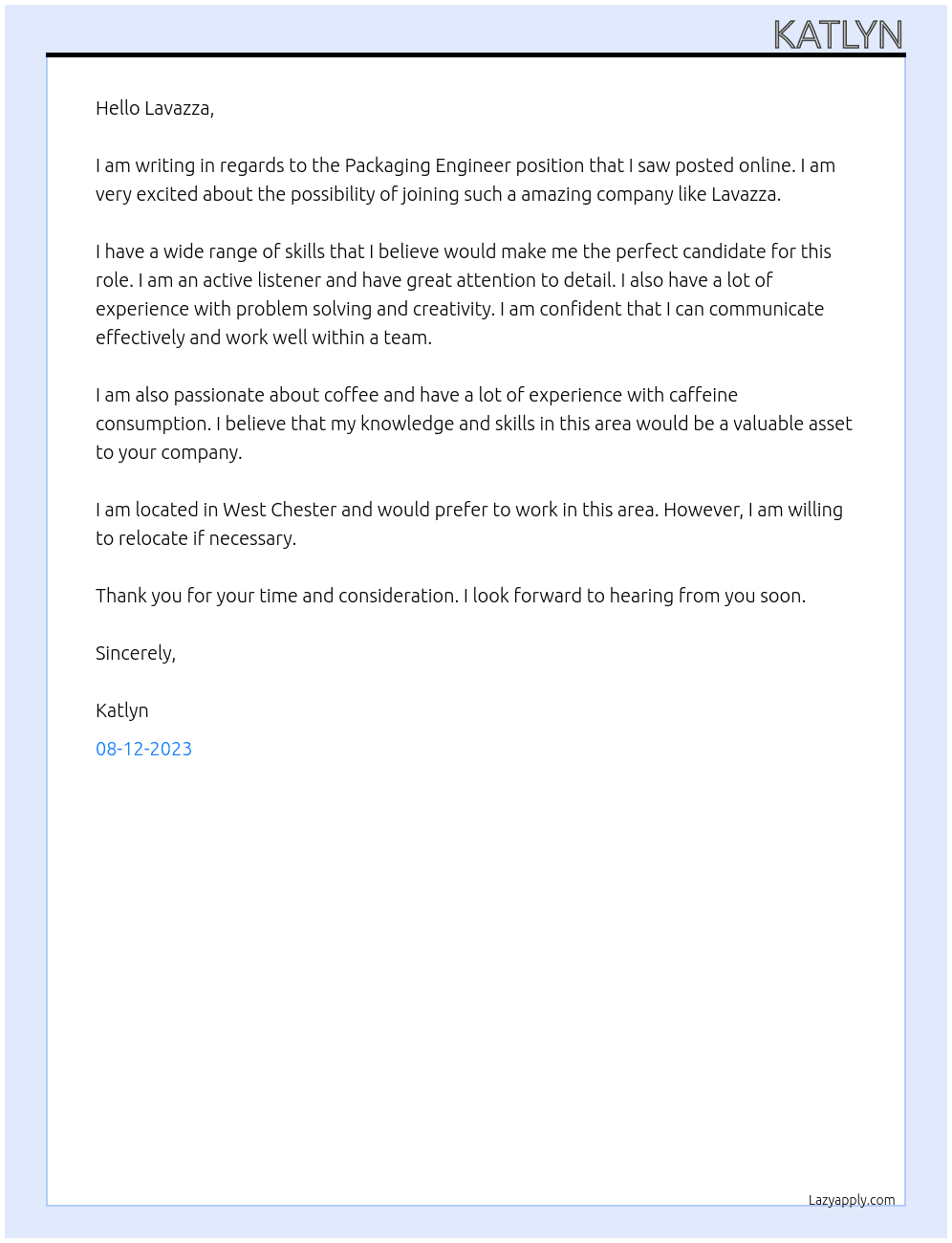 Packaging Engineer At Lavazza Cover Letter