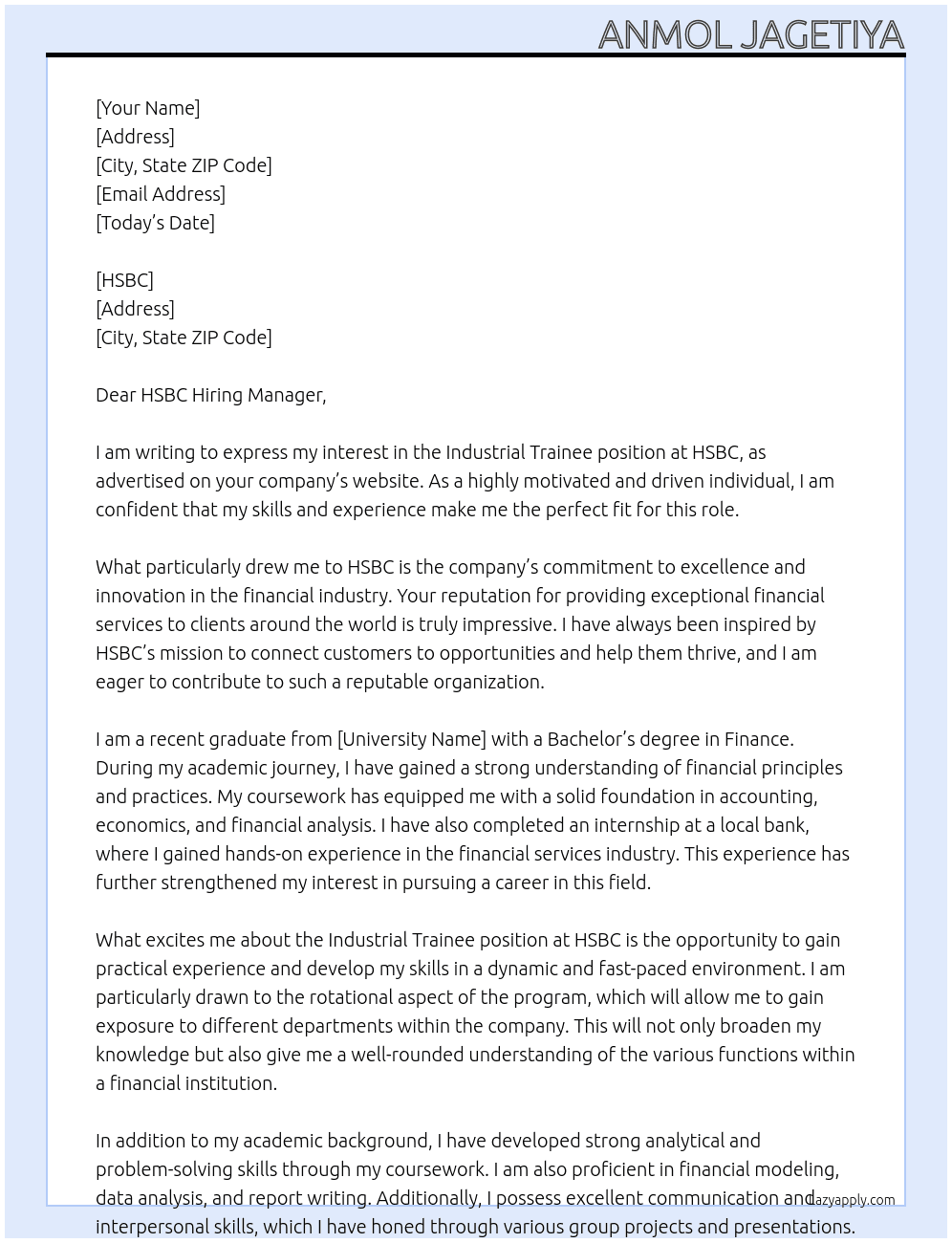 Industrial Trainee At HSBC Cover Letter