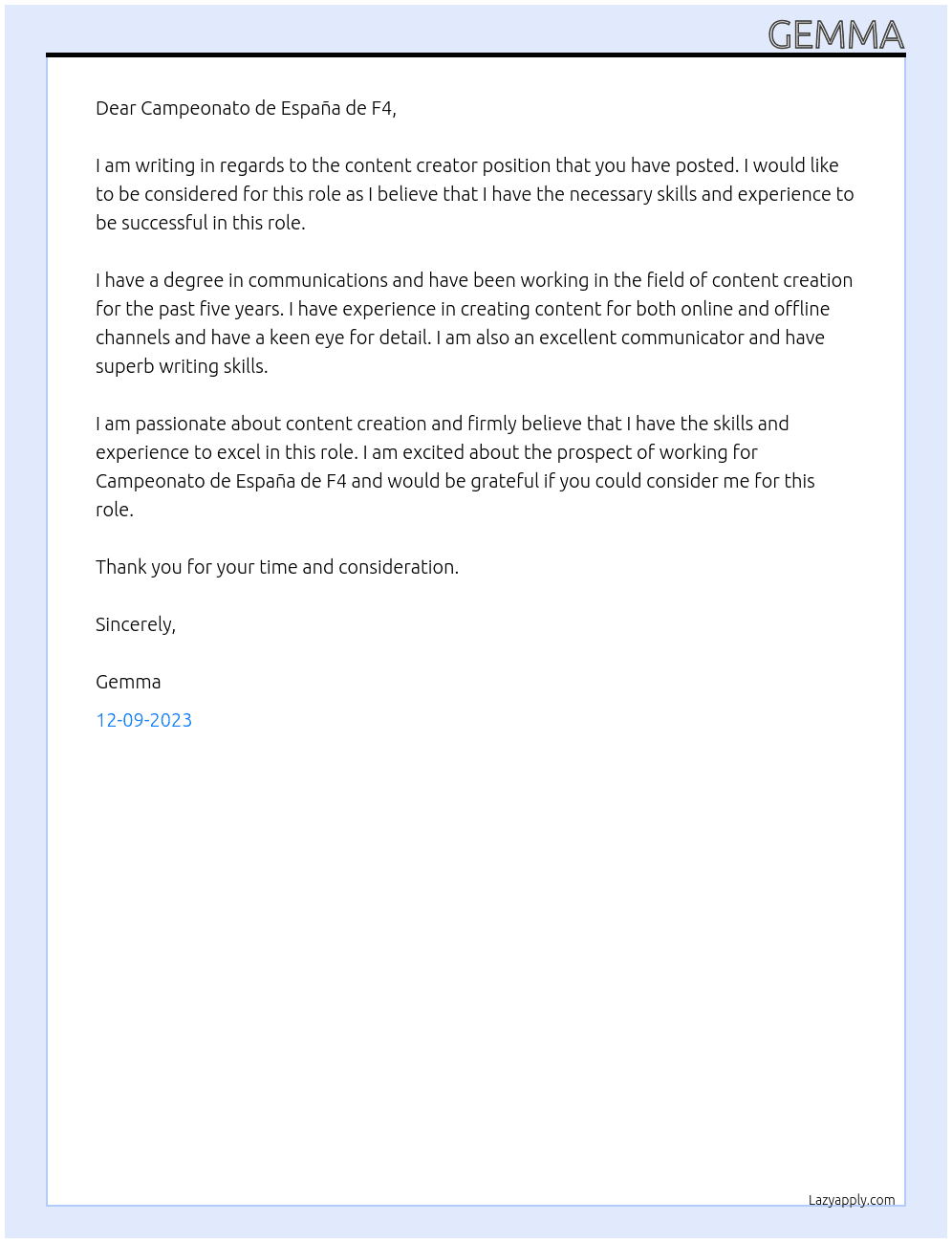 Content creator At Campeonato de España de F4 Cover Letter