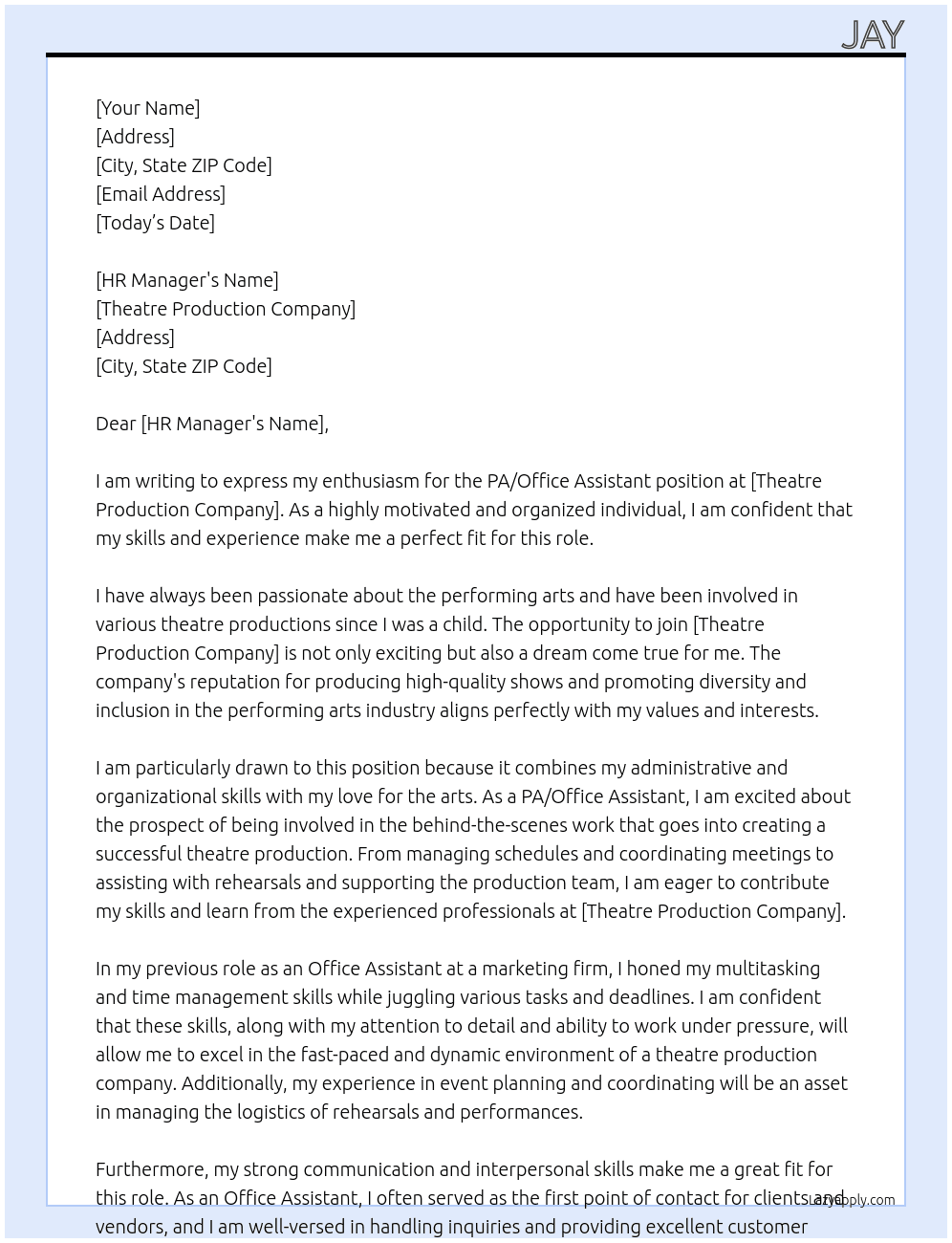PA / Office Assistant Theatre Production Company At Theatre Cover Letter